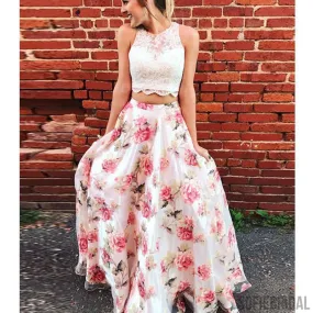 2 pieces Lace Top Floral Prom Dresses, Lovely Prom Dresses, Simple Prom Dresses, Cheap Prom Dresses, PD0353