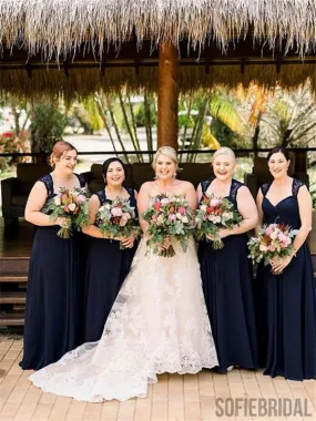 A-line Floor-length Navy Blue Long Chiffon Bridesmaid Dress, BD1004