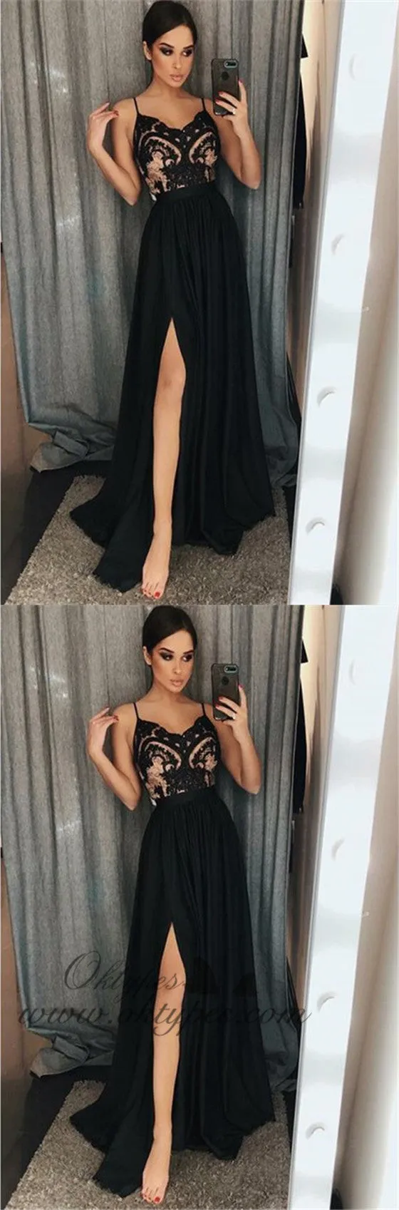 A-Line Spaghetti Straps Floor-Length Black Prom Dresses with Lace Split Online, TYP1166