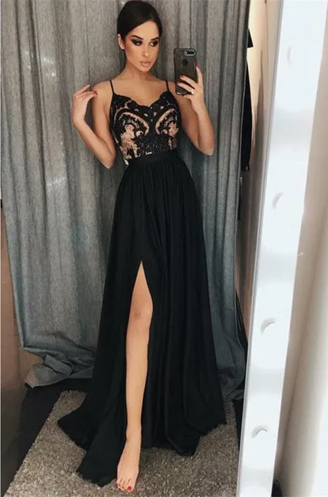 A-Line Spaghetti Straps Floor-Length Black Prom Dresses with Lace Split Online, TYP1166