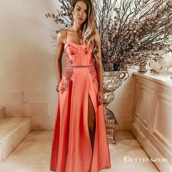 A-Line Spaghetti Straps Orange Long Prom Dresses with Pockets Appliques, TYP1671