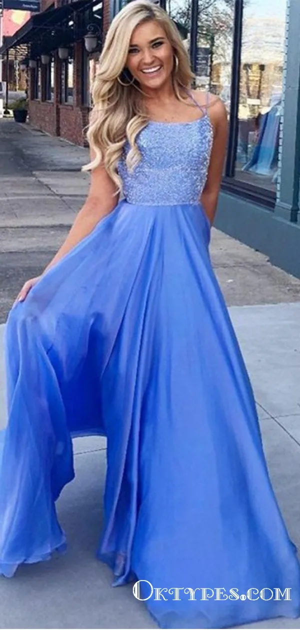 A-Line Spaghetti Straps Sleeveless Blue Floor Length Prom Dresses, TYP1870