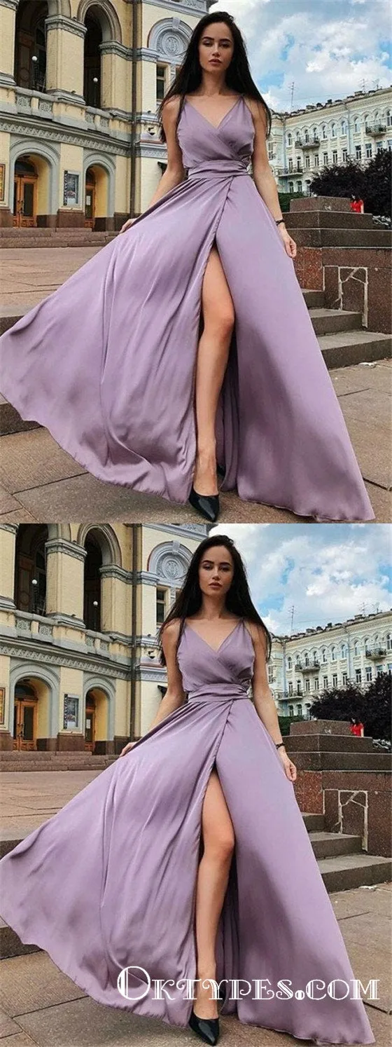 A-Line Spaghetti Straps Sleeveless Purple Floor Length Prom Dresses, TYP1868