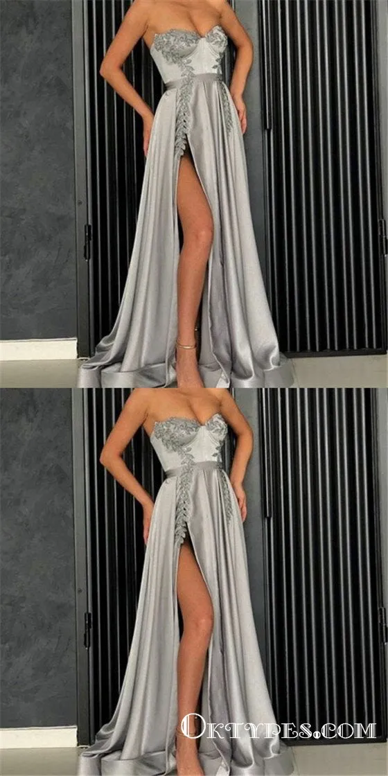 A-Line Sweetheart Grey Long Prom Dresses with Appliques&Slit, TYP1622