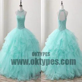 Ball Gown Long Green Sleeveless Open Back Lace up Beads High Neck Prom Dresses, TYP0465