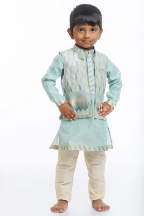 Boys Aqua Blue Jacket and Cream Kurta Pant Ensemble