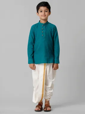 Boys Breeze Cotton Peacock Green Kurta with Cream Elastic Panchakacham Combo COT6