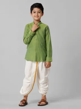 Boys Breeze Cotton Yellowish Green Kurta with Cream Elastic Panchakacham Combo COT3