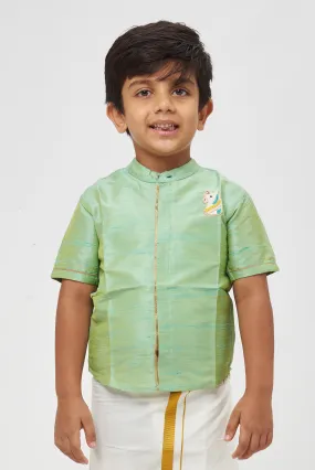 Boys Radiant Green Silk Shirt with Horse Embellishment