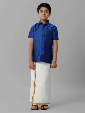 Boys Silk Cotton Light Blue Half Sleeves Shirt with Adjustable Cream Dhoti Combo K5