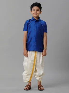 Boys Silk Cotton Royal Blue Half Sleeves Shirt with Soft Silk Panchakacham Combo K5