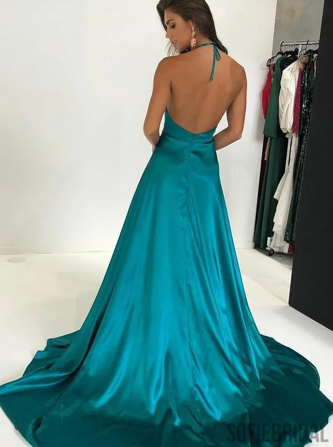 Deep V-neck Prom Dresses, Turquoise Prom Dresses, Long Side Slit Prom Dresses, PD0713