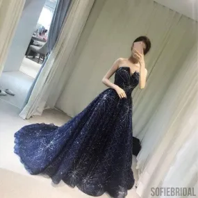 Elegant Sparkle Long A-line Ball Gown Navy Blue Tulle Rhinestone Prom Dresses, PD0528