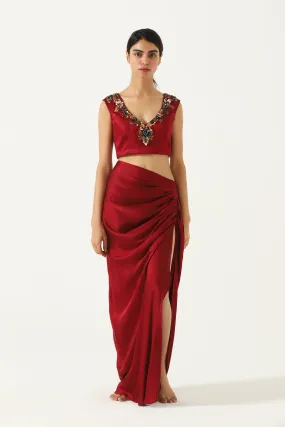 EMBROIDERED MAROON SILK ENSEMBLE