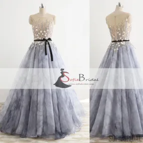 Gorgeous Lace Appliques Chiffon Prom Dresses, Unique Printed Chiffon Prom Dresses, PD0415