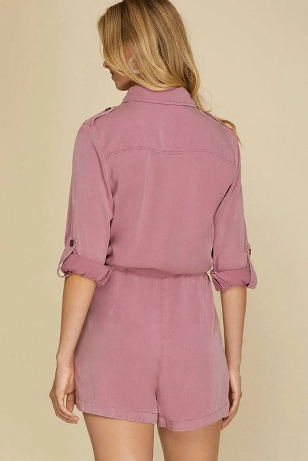 Peach Blossom Roll up Sleeve Flap Pockets Drawstring Playsuit