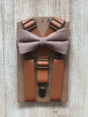 Taupe Cotton Bow Tie with Caramel Suspender Set