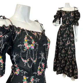 VINTAGE 60s 70s BLACK WHITE PINK FLORAL DITSY BOHO PRAIRIE MAXI DRESS 10