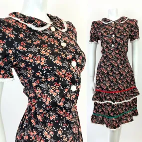 VINTAGE 60s 70s BLACK WHITE RED PEACH FLORAL DITSY PRAIRIE BOHO DRESS 8 10